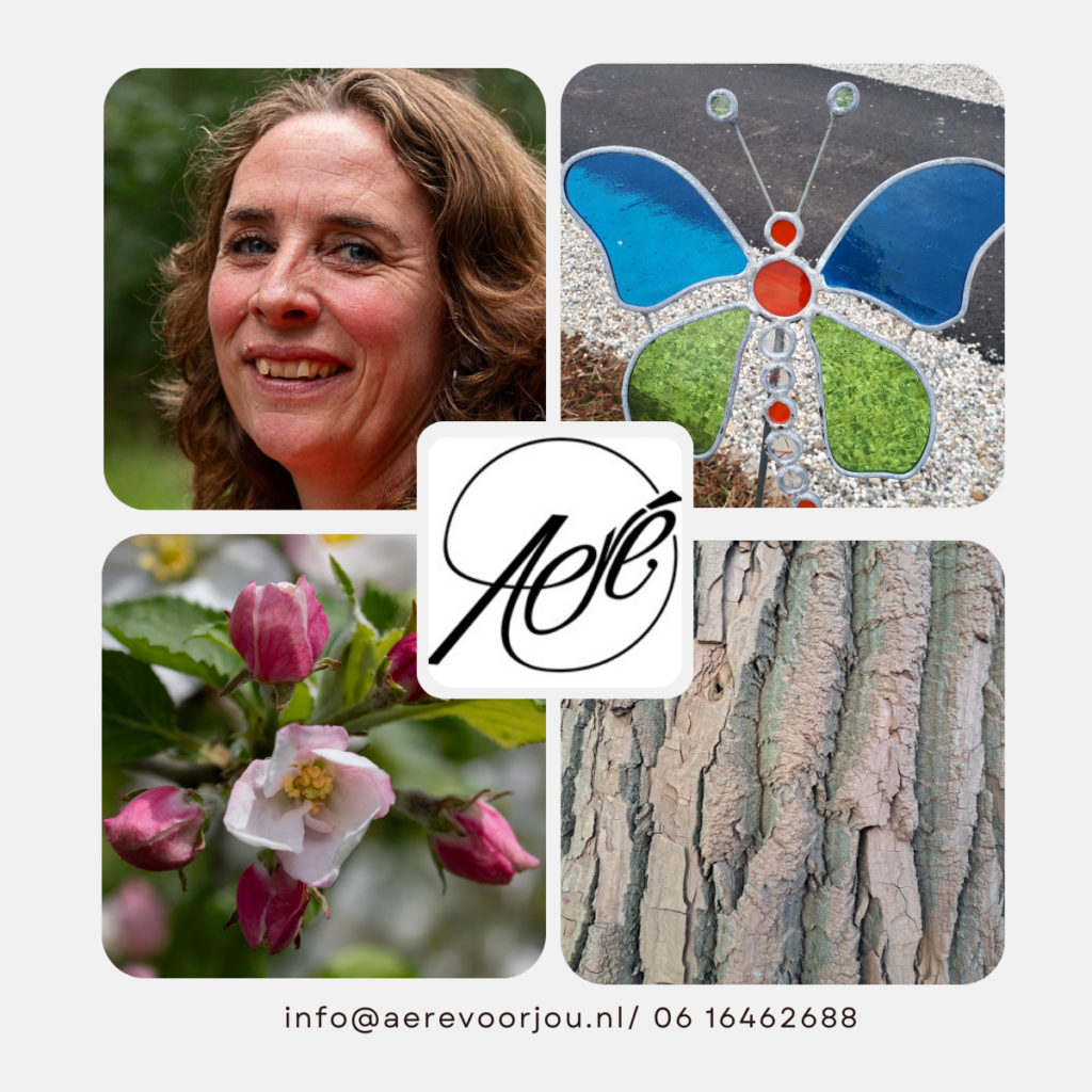 Vierluik met 1 foto van Adriënne Naron, 1 foto van een glas-in-lood vlinder met groene en blauwe vleugels, 1 foto van gesloten en een open appelbloesem en 1 foto van boomschors. In het midden van de foto staat het logo van Aere voor jou.